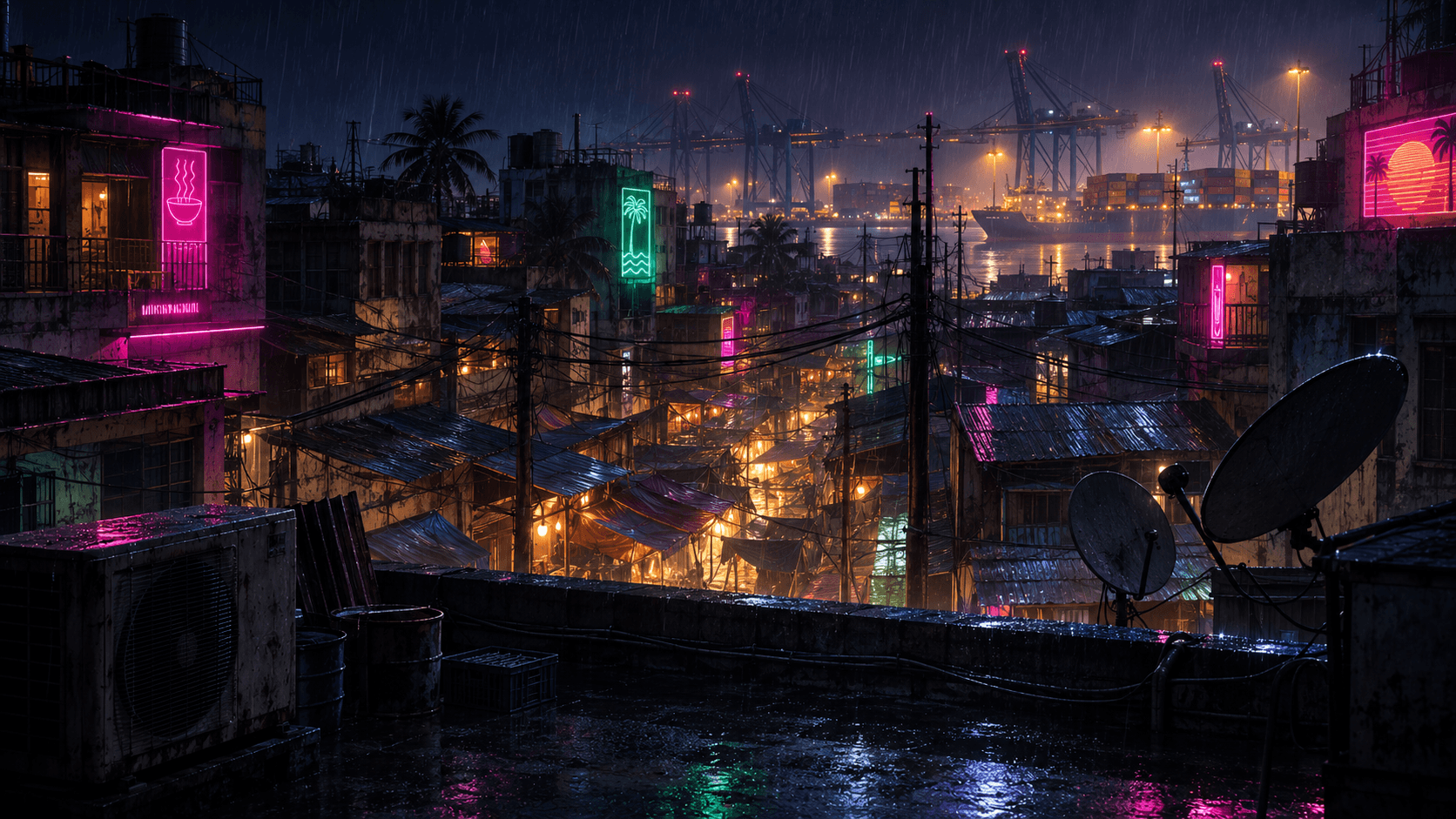 A dense tropical port city seen from a rooftop at night, neon signage below, cables strung between corrugated roofs, rain falling.
