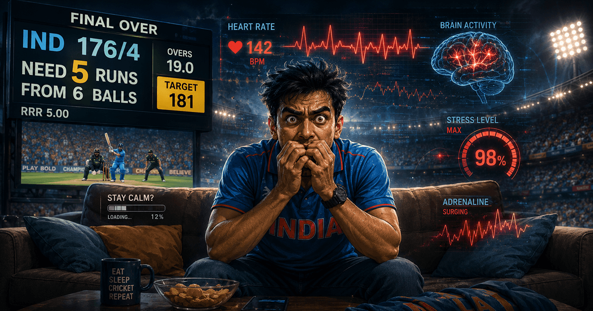 Cricket fans experiencing intense emotions during a dramatic final over