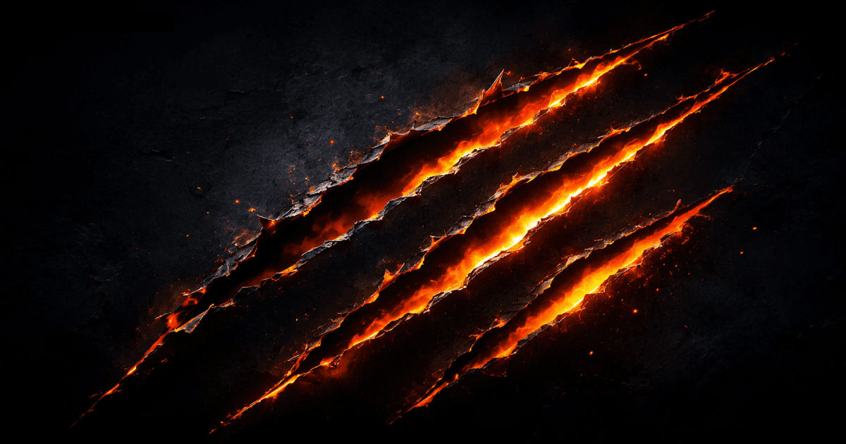 Three ragged slashes torn through a black surface, lit from behind by a hot amber glow.