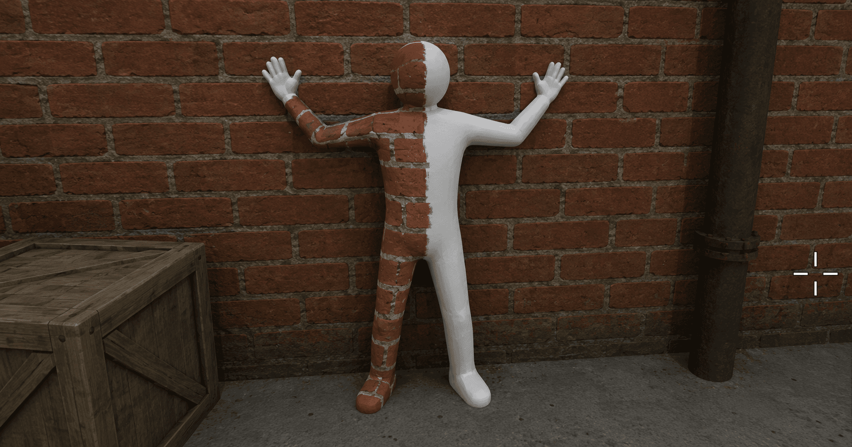 A plain white stick figure pressed against a brick wall, one half roughly hand-painted to match the bricks and the other half still blank.