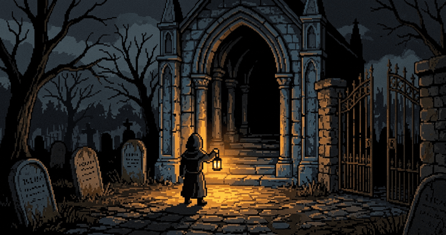 A small hooded rat with a lantern standing at the mouth of a gothic crypt, drawn in chunky Game Boy Color pixels.