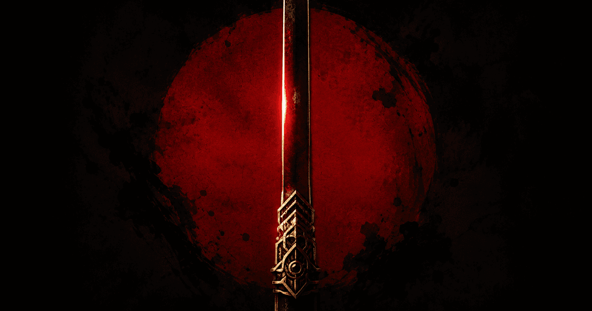 A single katana blade standing vertically against a flat deep-red sun on black, with a gold gauntlet motif set into the lower blade.