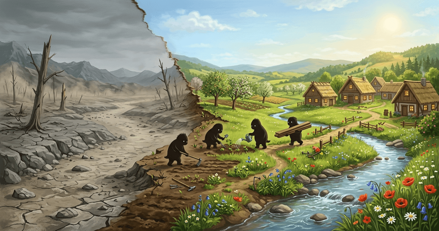 A barren grey landscape on one side turning into a lush green meadow of small hand-built houses on the other, with creature silhouettes at work along the join.