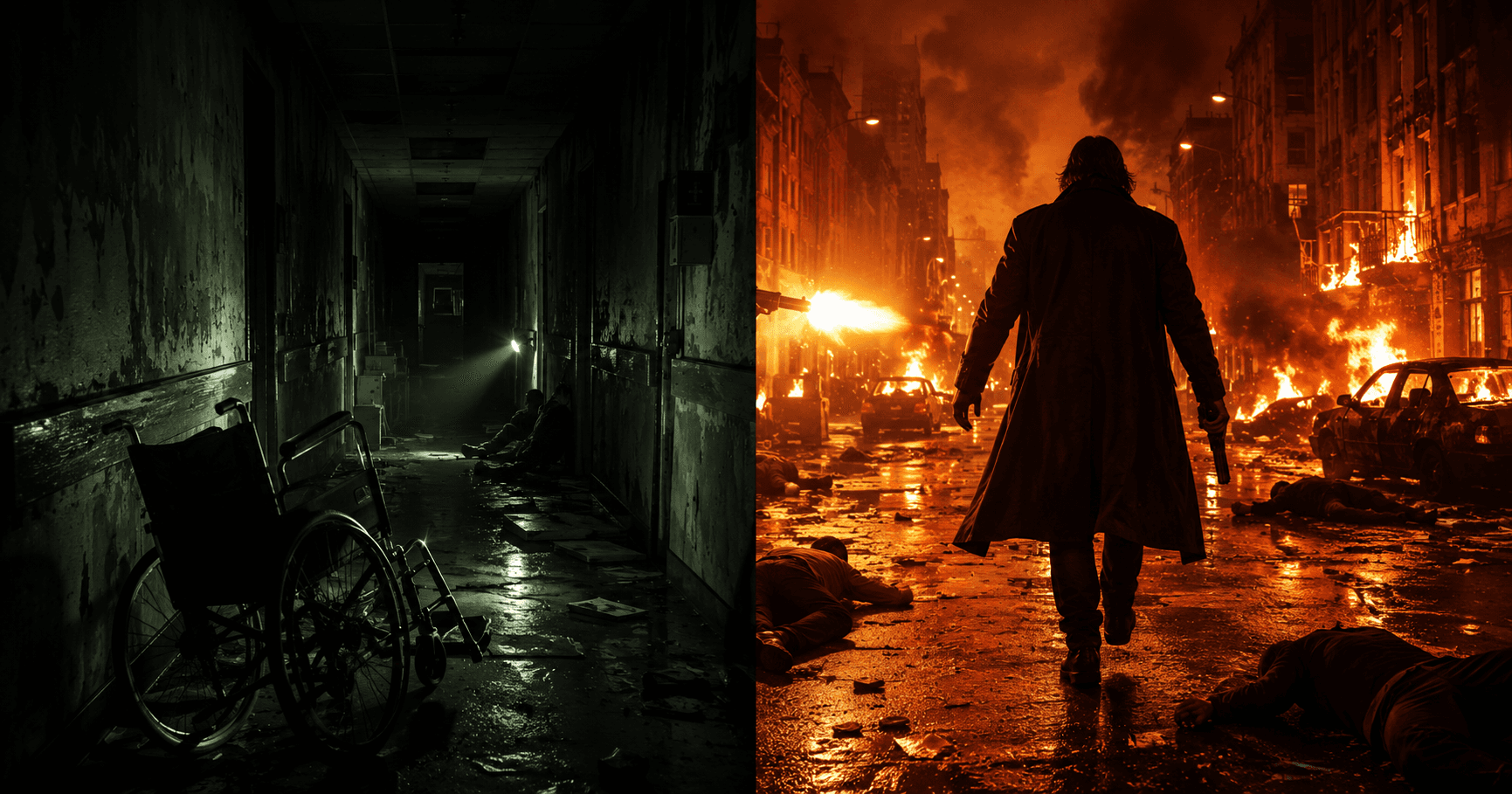 A split composition: one half a dark hospital corridor lit by a single torch beam, the other half a blood-soaked street lit by muzzle flash.