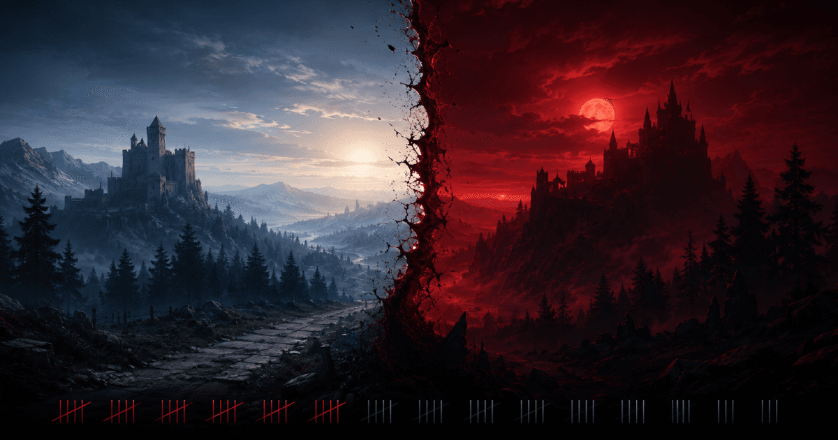 A frame split between cold daylight and crimson night, with thirty tally marks along the bottom edge, a third of them struck through.