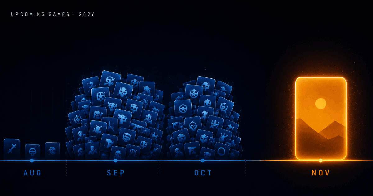 A calendar strip showing 2026 game releases crowded into September and October, with a single large release standing alone in November.