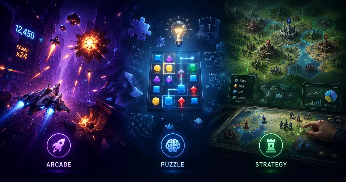 Illustration of three browser gaming paths featuring fast arcade action, thoughtful puzzle solving, and strategic planning with distinct visual styles.