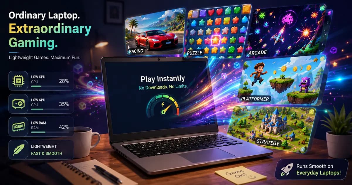 Simple browser games running on an older laptop beside puzzle and arcade game illustrations.