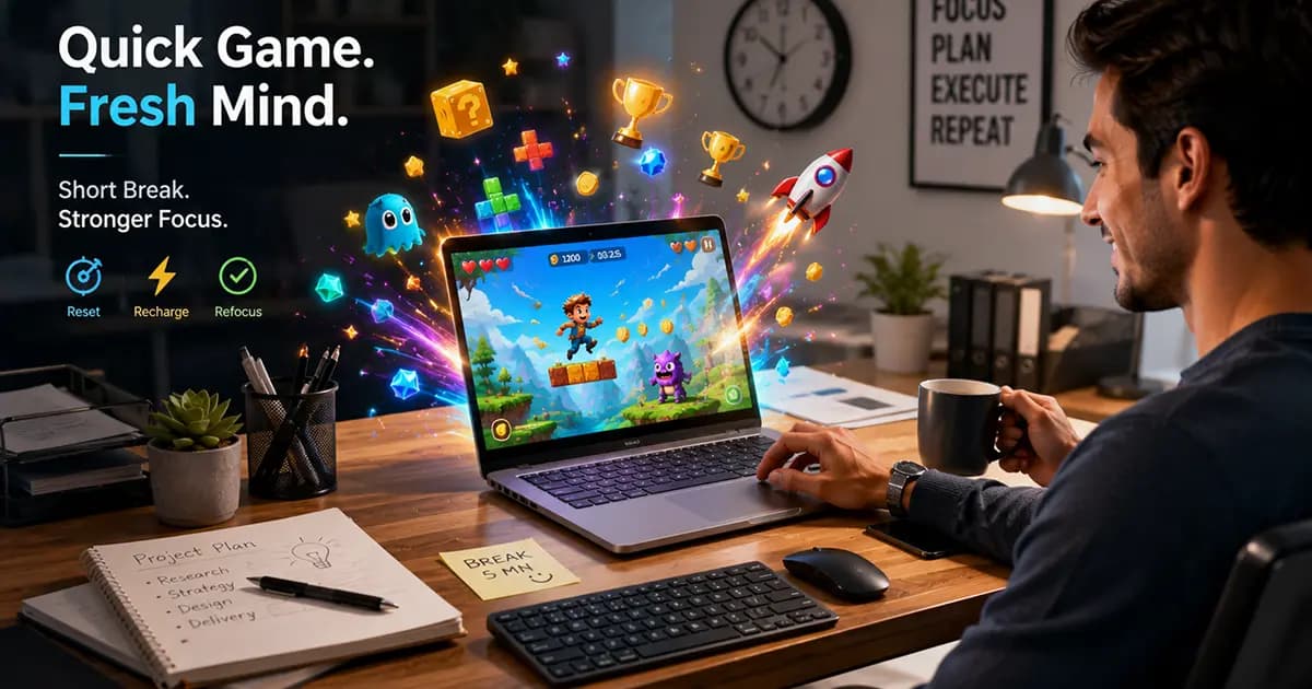 A laptop showing casual browser games beside a coffee mug during a short office break.