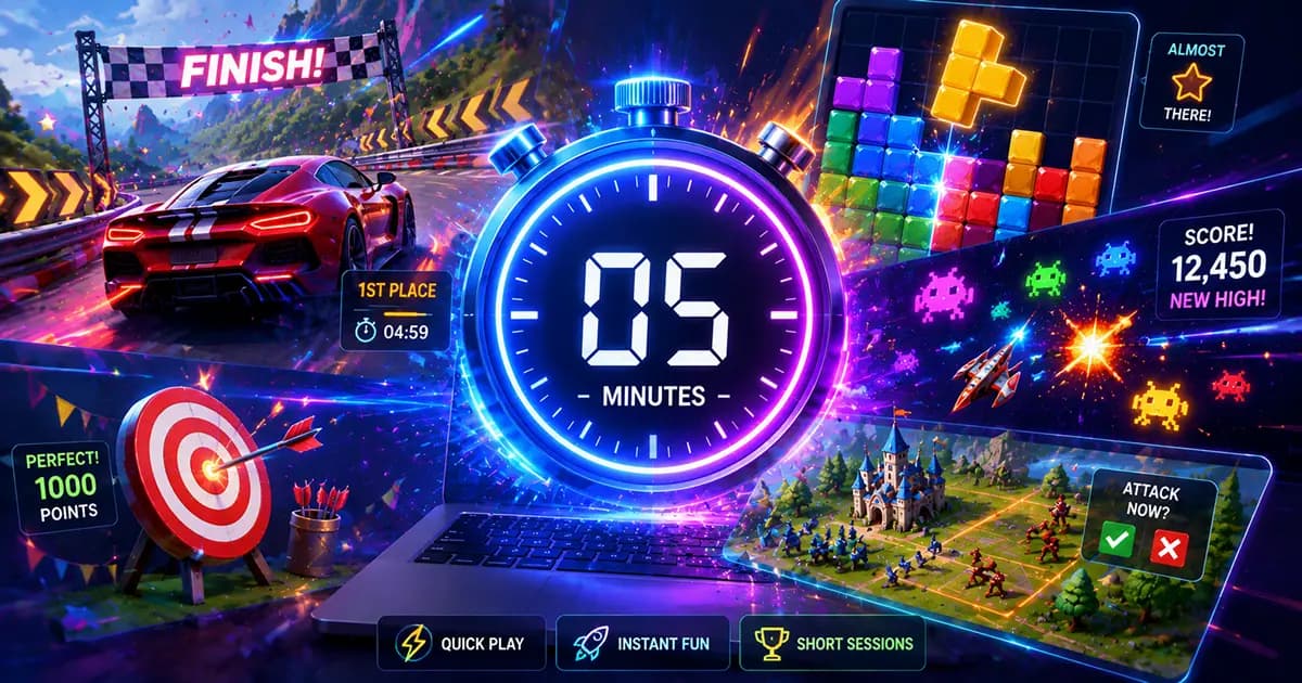 A collection of quick browser games displayed on a laptop for short five-minute gaming sessions.