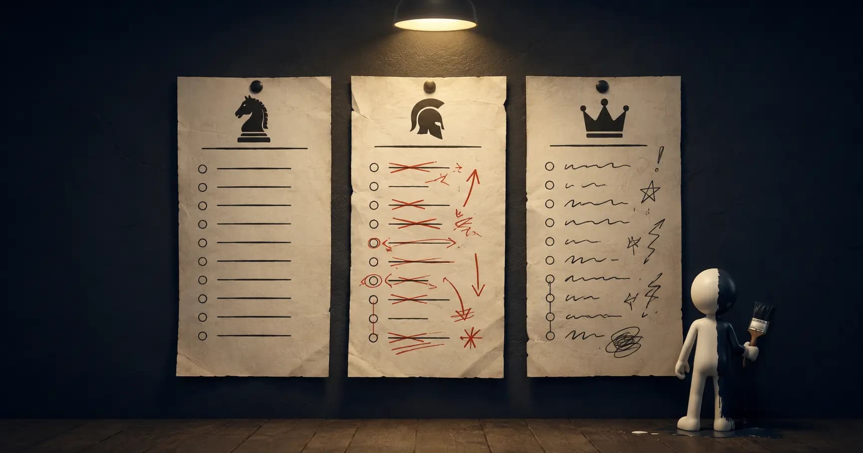 Three stacked ranking lists with different games at the top of each, and a small hand-drawn figure standing beside all of them.