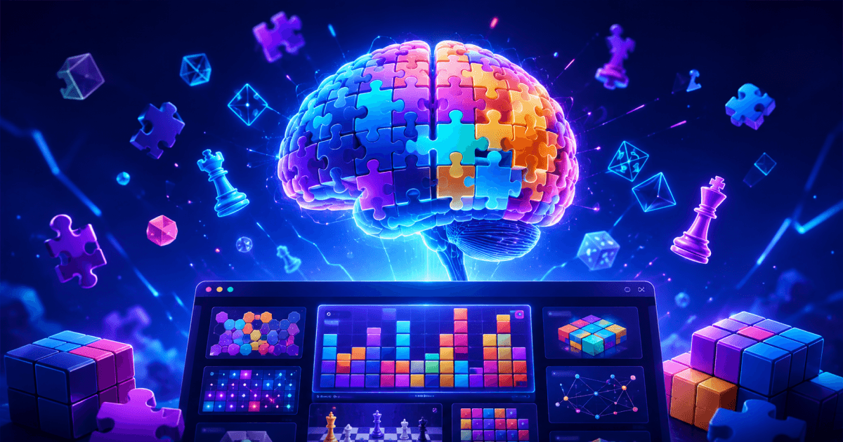Player solving colorful browser puzzle games designed to improve memory, logic, and problem-solving skills