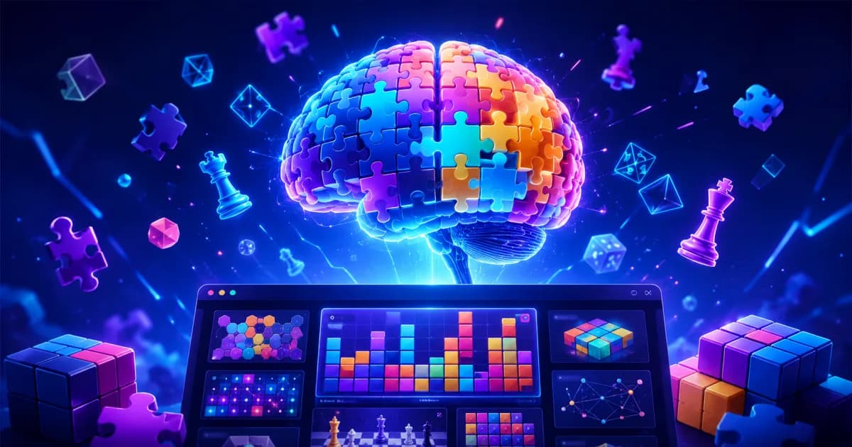 Player solving colorful browser puzzle games designed to improve memory, logic, and problem-solving skills