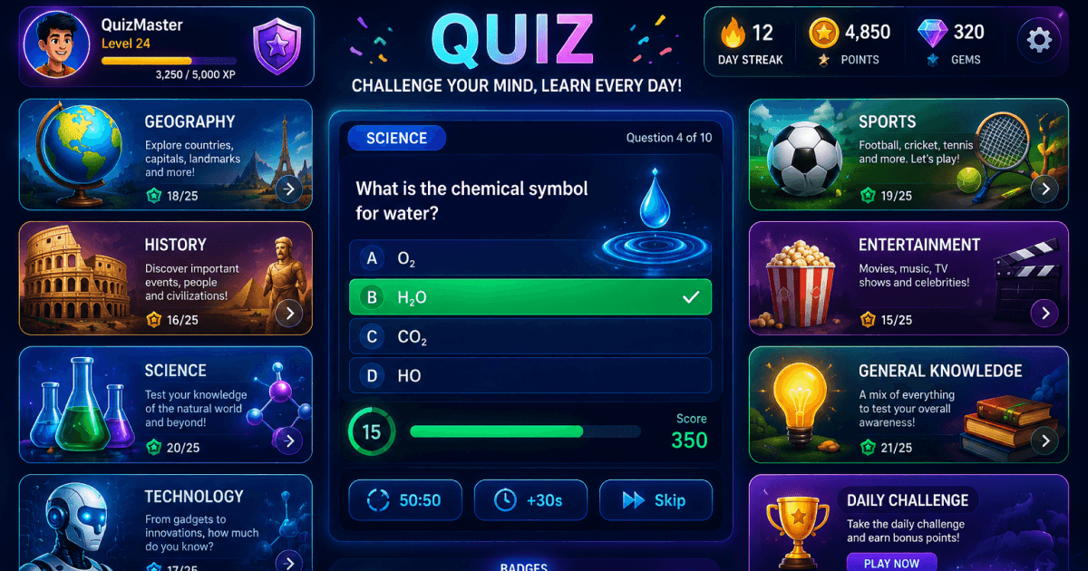 Online quiz categories including science, history, geography, sports, and general knowledge
