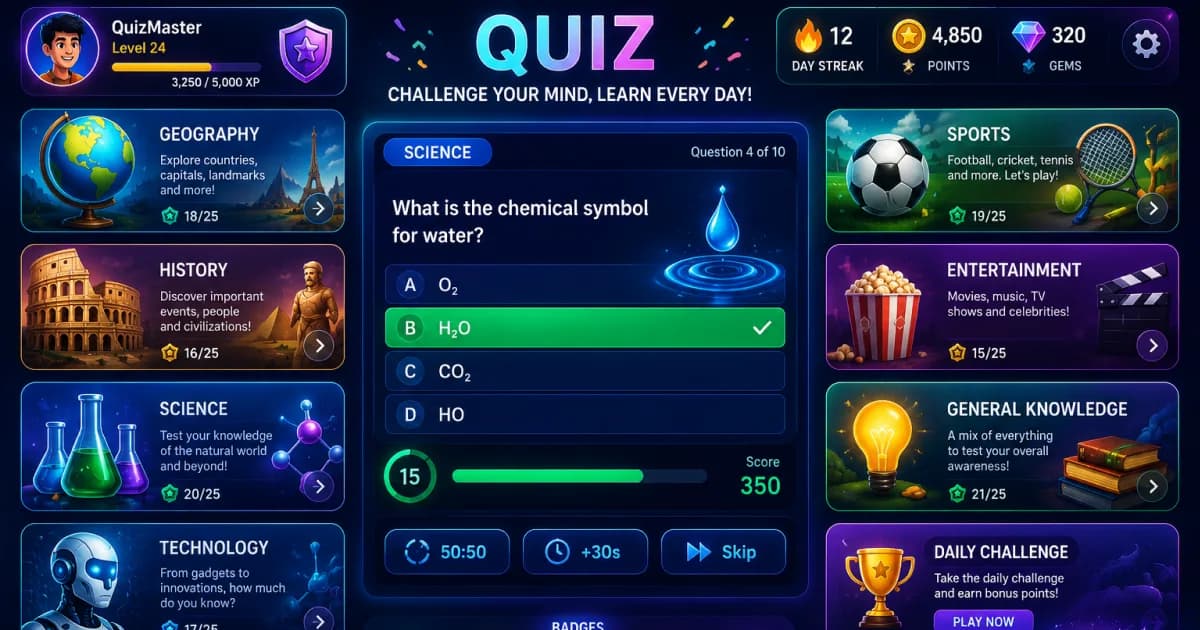 Online quiz categories including science, history, geography, sports, and general knowledge