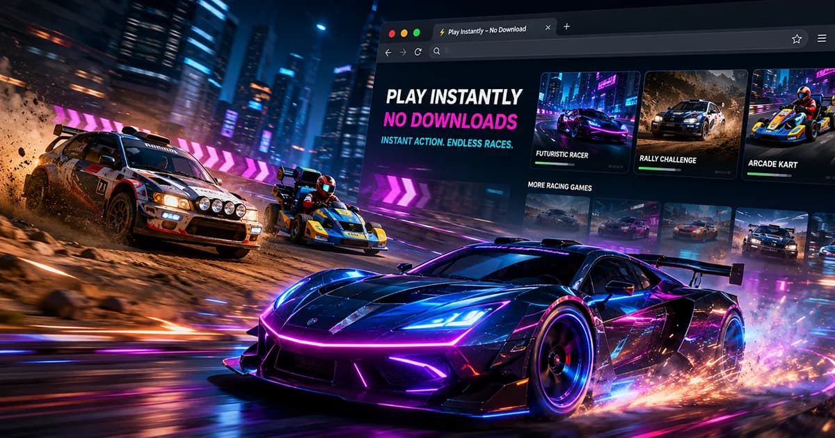 Collection of browser racing games including motorcycles, traffic racing, neon highways, terrain biking, and futuristic space riding.