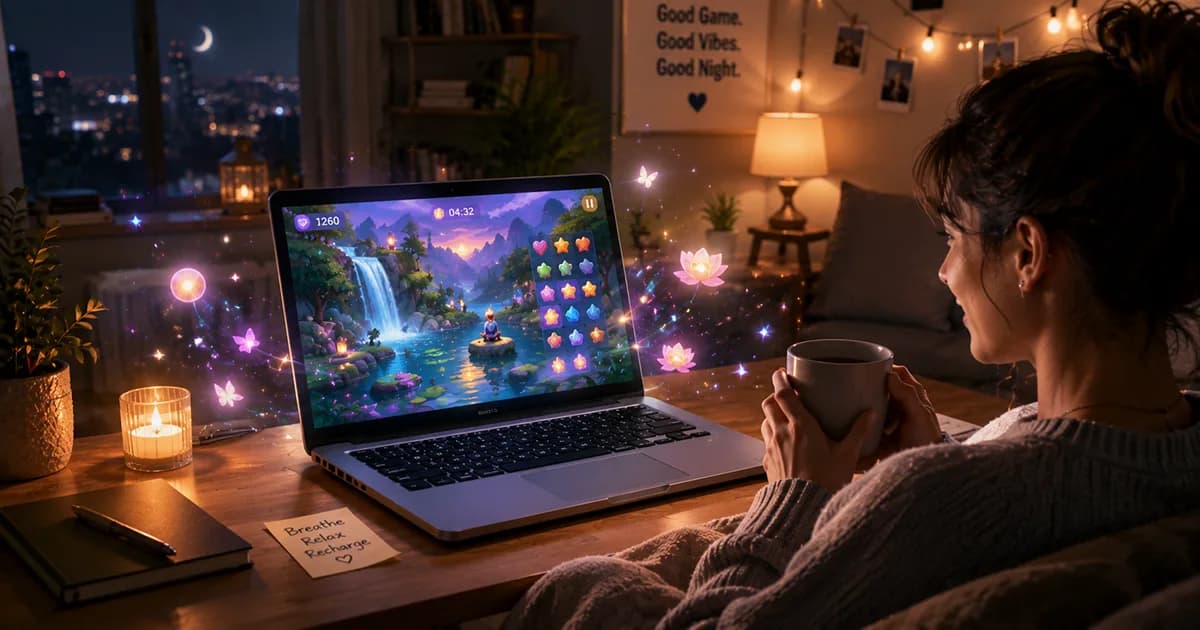 A calm evening setting showing a laptop open with a minimalist browser game next to a warm cup of tea and soft ambient lighting.