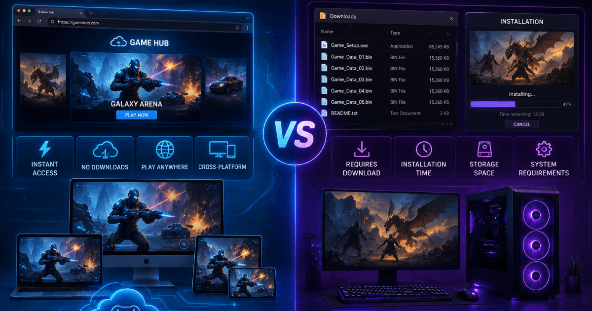 Comparison between browser games and downloaded games showing instant play versus game installation