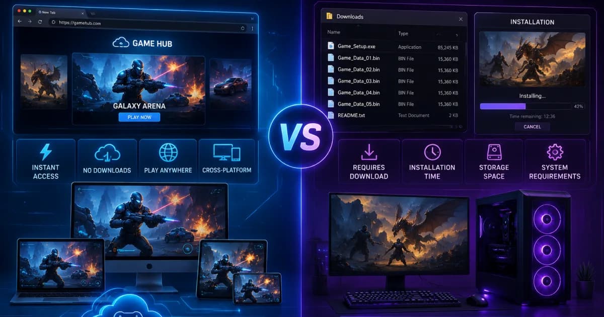 Comparison between browser games and downloaded games showing instant play versus game installation