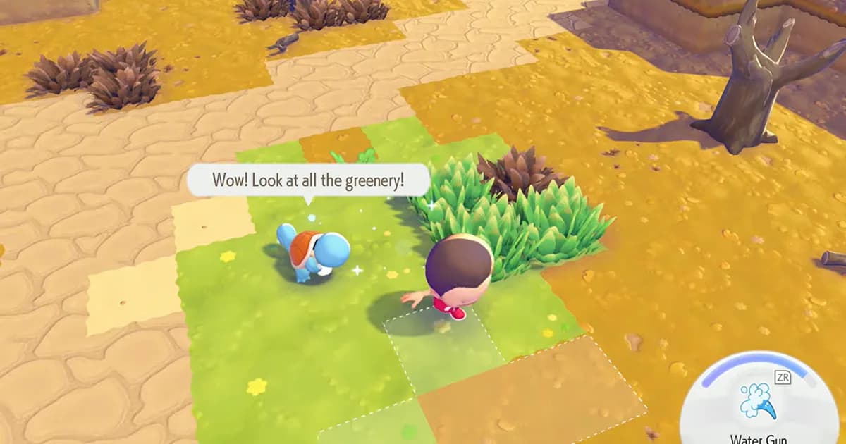 A player restores a grassy habitat while Squirtle stands nearby, with patches of healthy grass replacing barren ground.