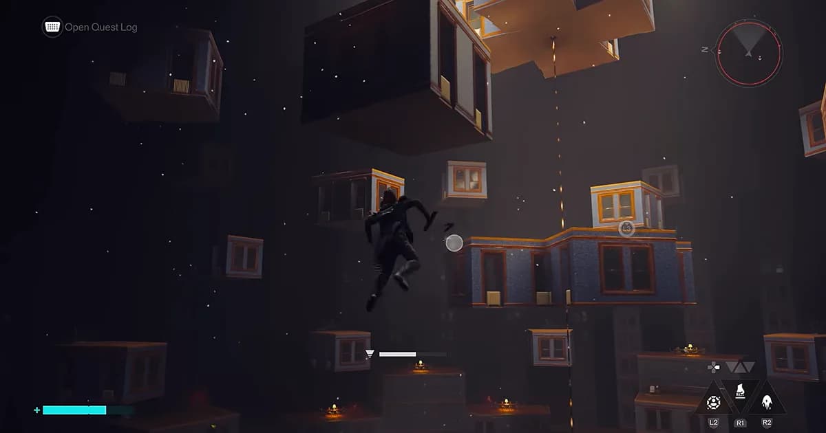 A character leaps between floating rooms suspended inside a vast surreal space in Control: Resonance.