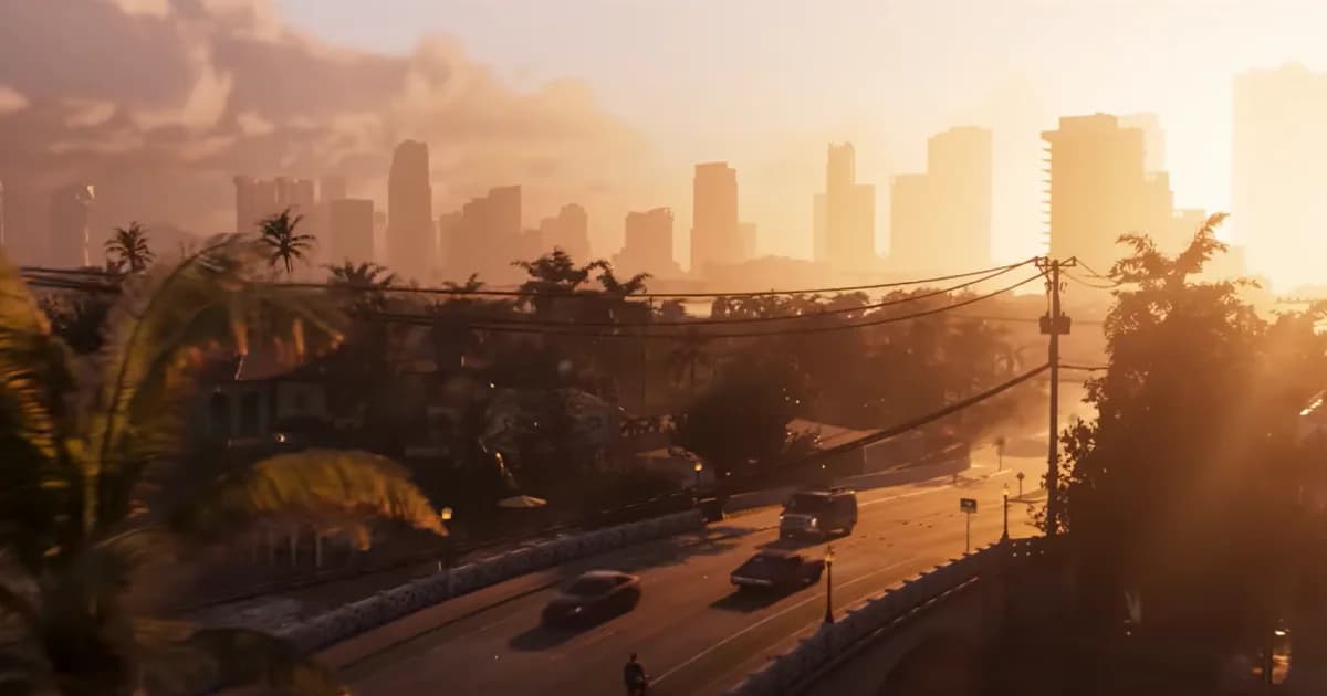 Traffic flows toward the Vice City skyline at sunset, highlighting Leonida's dense urban landscape.