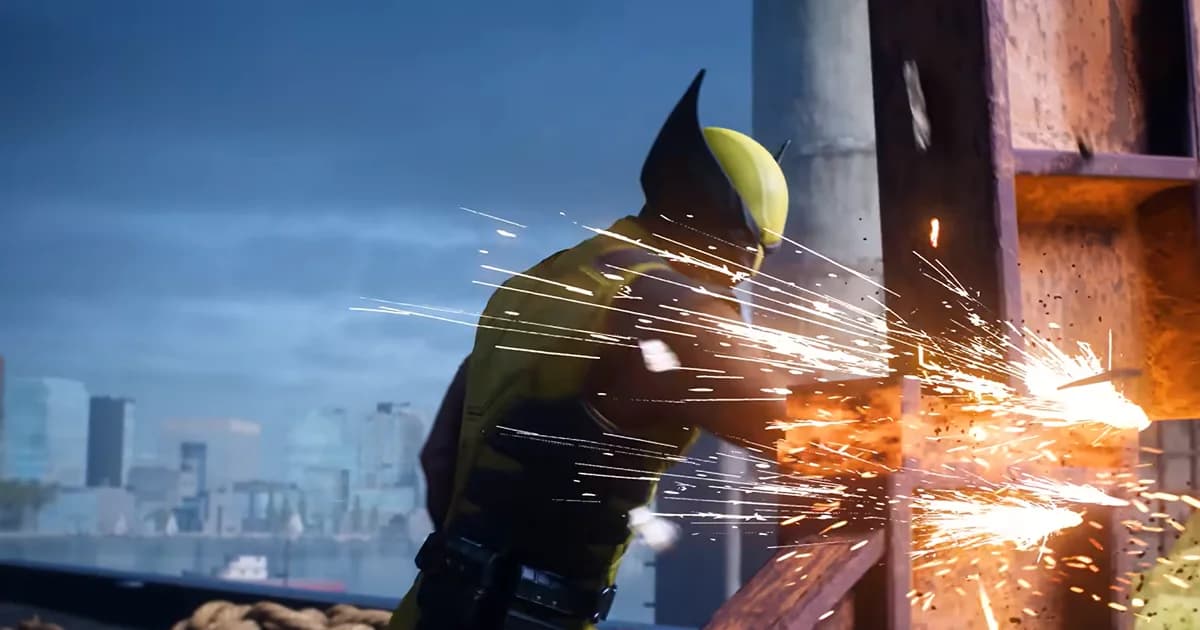 Wolverine slices through a steel beam with his adamantium claws during an intense combat encounter.