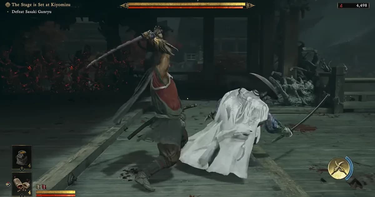 A samurai duels a towering demon inside a temple during an intense boss battle in Onimusha: Way of the Sword.