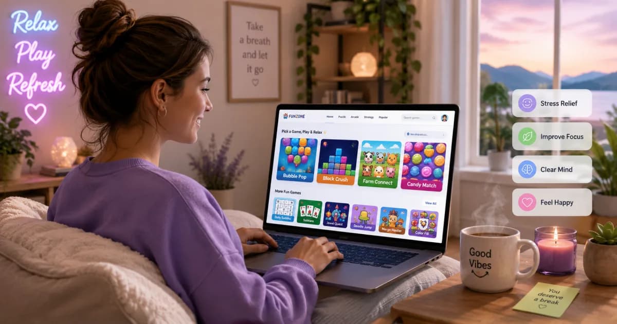 Person relaxing and reducing stress while playing casual browser games in a comfortable environment