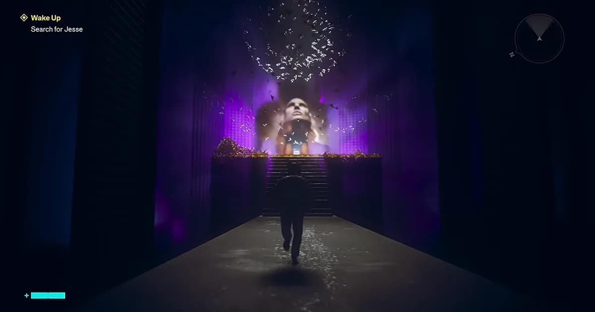 A lone figure runs toward a giant floating face surrounded by purple light inside a surreal shifting environment in Control: Resonance.