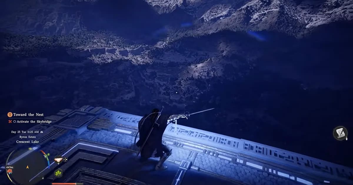 A cloaked warrior stands on a high platform overlooking a vast mountain valley at night.