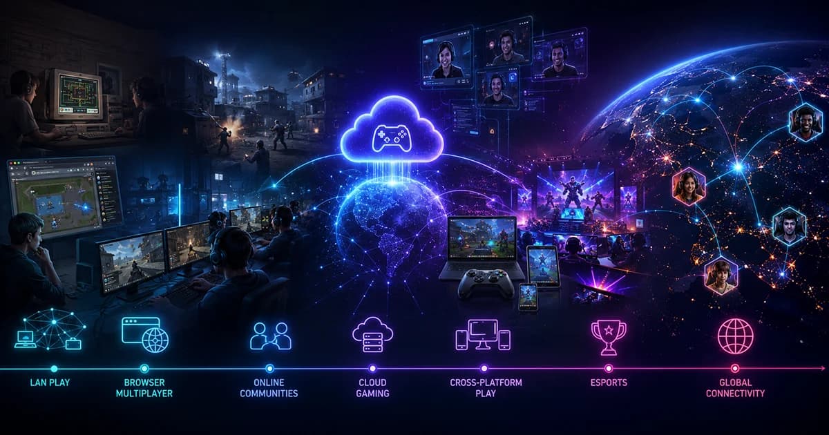 Illustration showing the evolution of online gaming from early connected computers and pixel graphics to modern multiplayer, browser gaming, and cross-platform experiences.