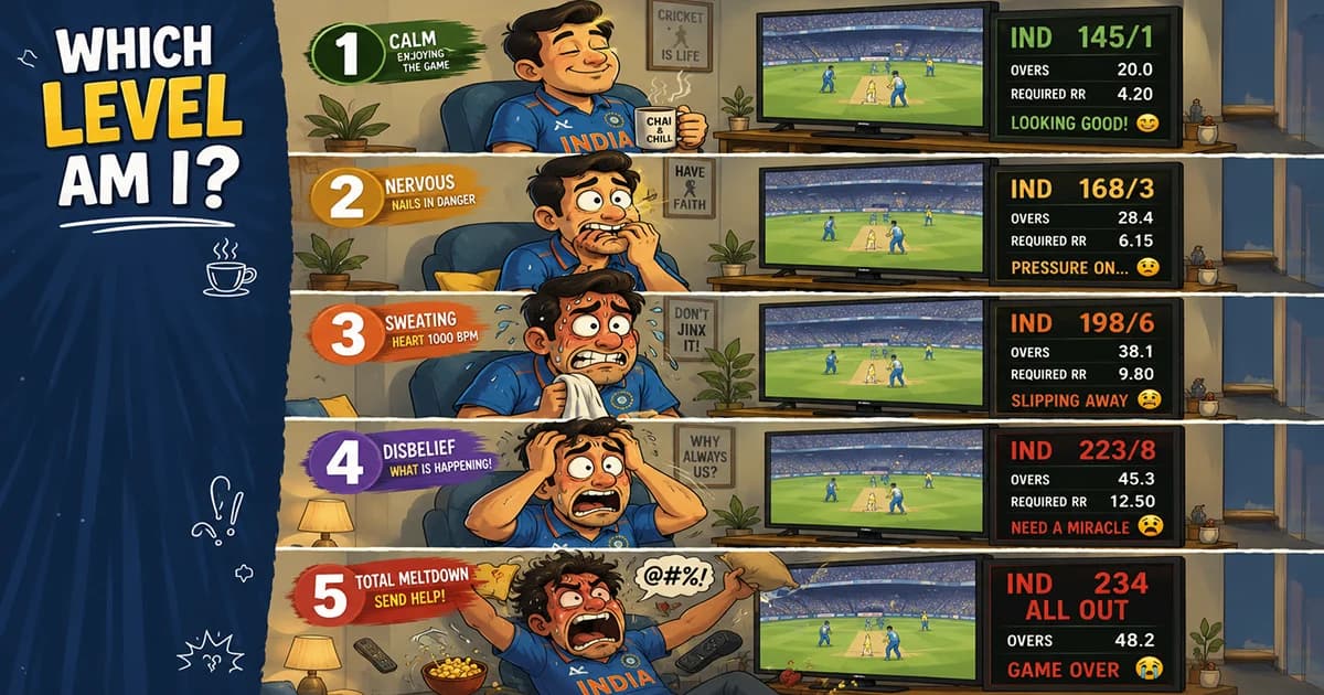 Different cricket fans experiencing various levels of panic during a tense match