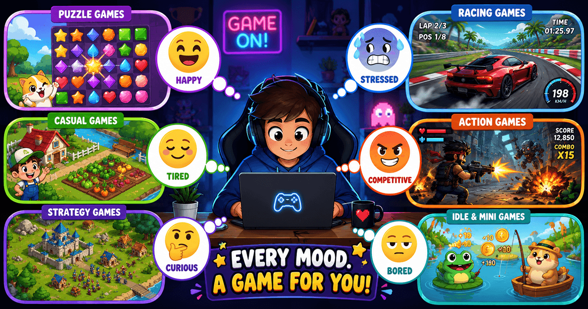 Different browser game genres matched with various moods and emotions