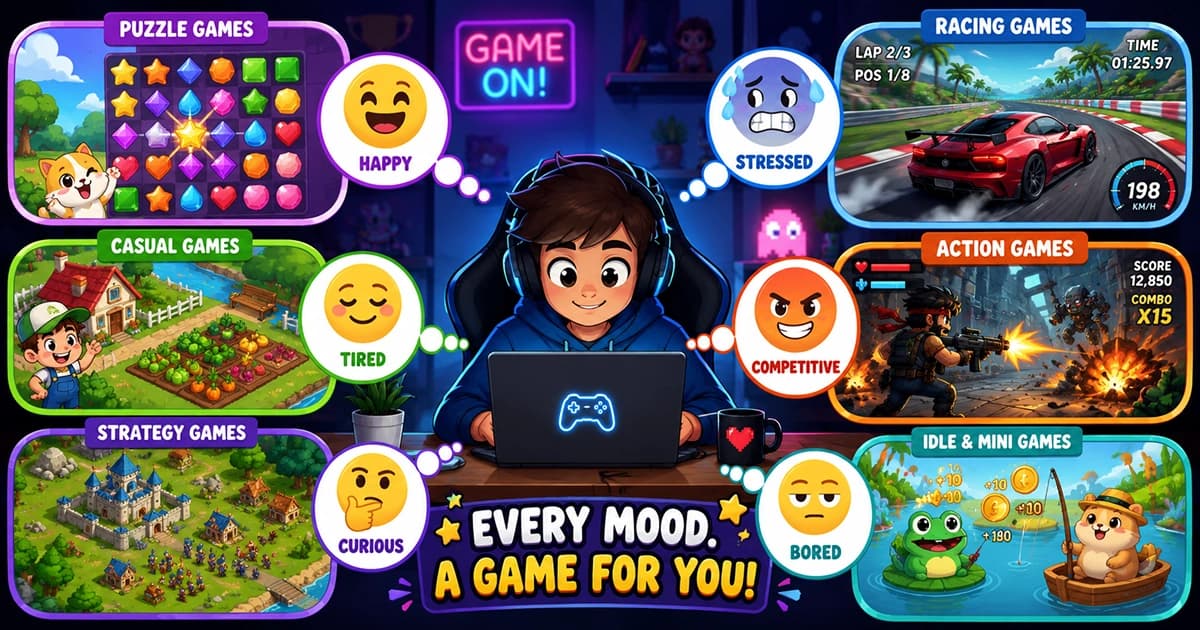 Different browser game genres matched with various moods and emotions