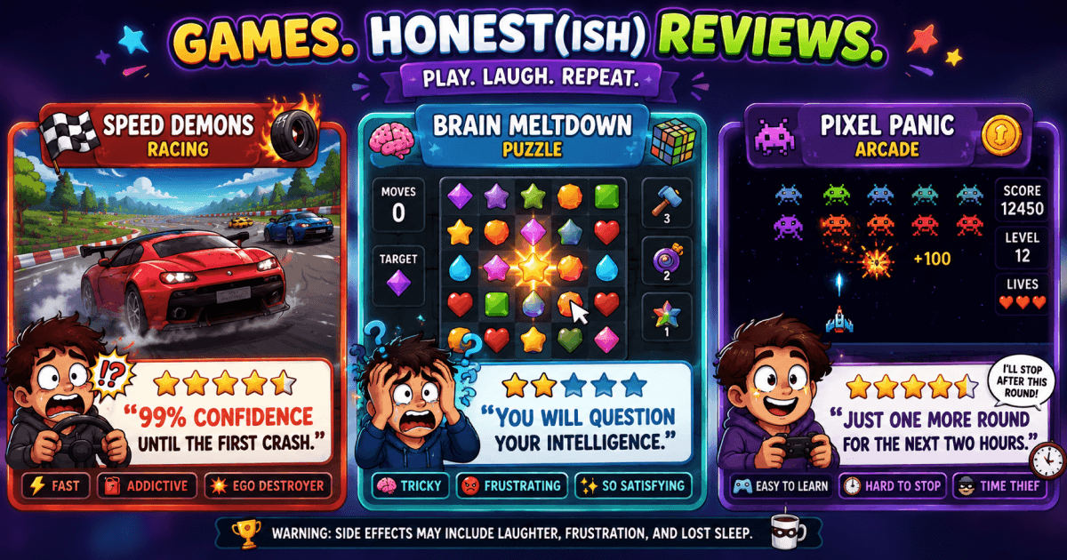 Funny browser game review cards showing brutally honest and sarcastic player opinions