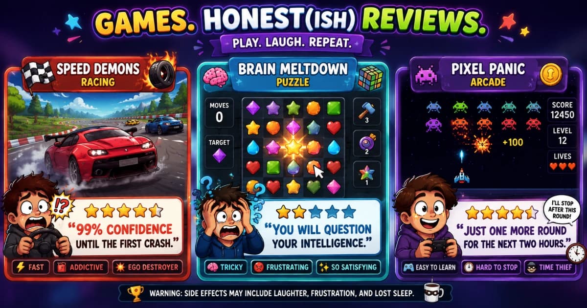Funny browser game review cards showing brutally honest and sarcastic player opinions