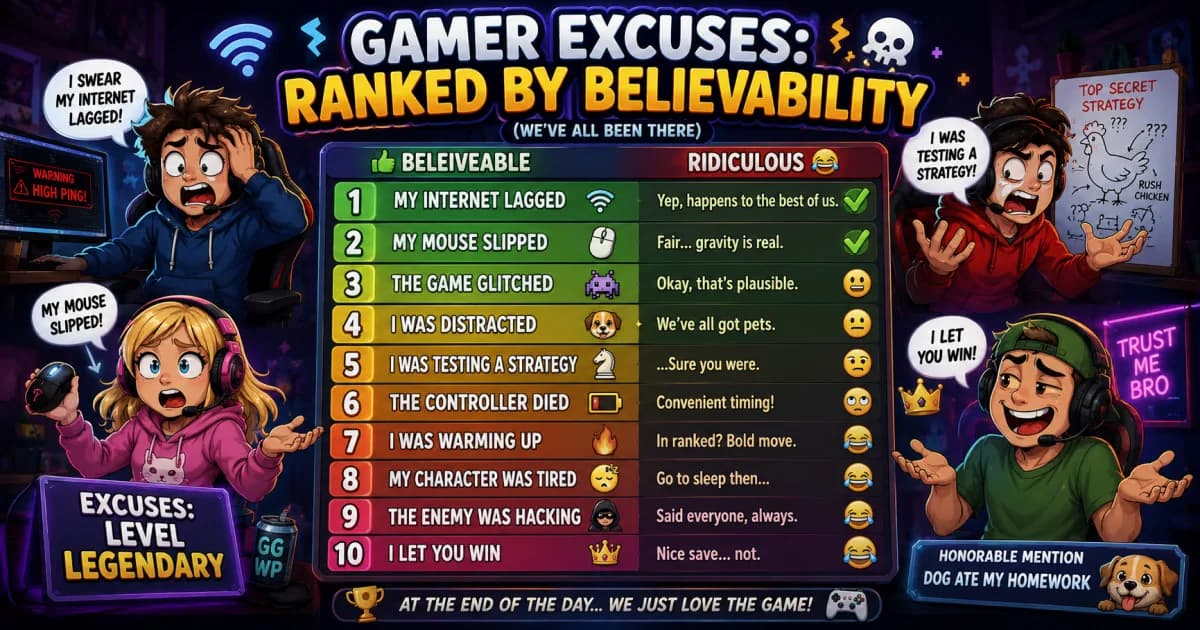 Funny illustration of gamers making exaggerated excuses after losing, with controllers, speech bubbles and playful expressions