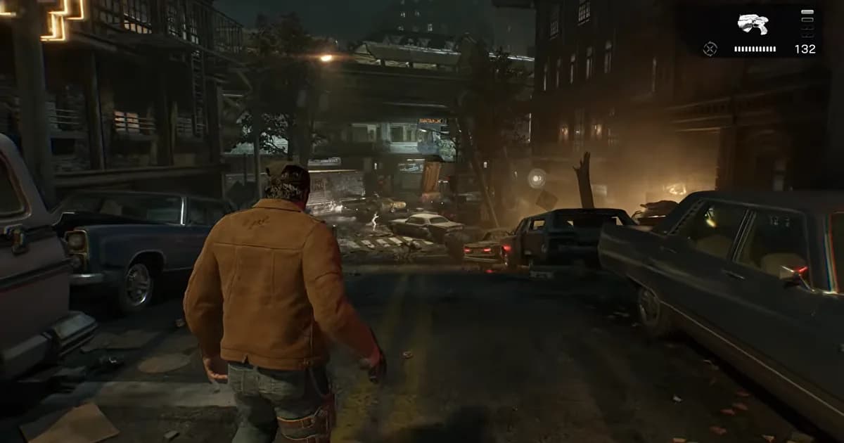 Marcus Fenix walks through a devastated city street at night as Emergence Day throws the world into chaos in Gears of War: E-Day.