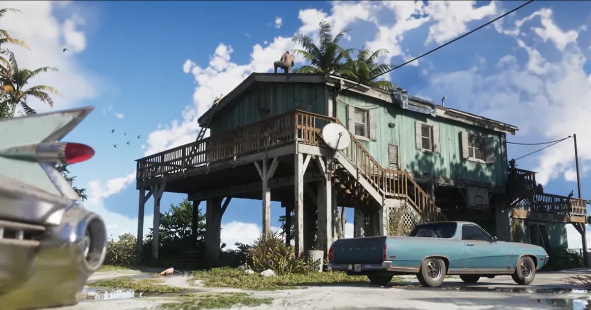 A raised beach house overlooking Leonida, with classic American cars parked outside under bright tropical skies in Grand Theft Auto 6.