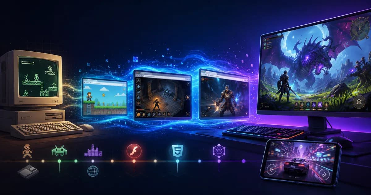 Illustration showing the evolution of browser gaming from an old CRT computer displaying simple pixel-based web games to modern HTML5 games running across desktop computers, tablets, and smartphones.