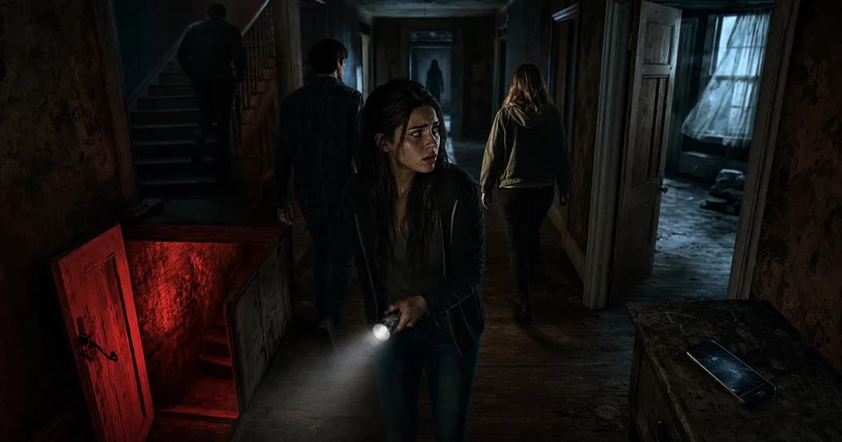 Scared horror movie character making a bad decision in a dark hallway