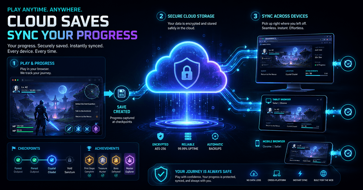A digital illustration showing browser game progress moving between a game screen, browser storage, a player account, and cloud synchronization, with save icons, checkpoints, and connected devices in a modern gaming environment.