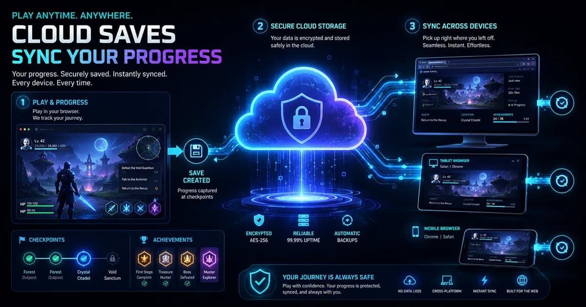 A digital illustration showing browser game progress moving between a game screen, browser storage, a player account, and cloud synchronization, with save icons, checkpoints, and connected devices in a modern gaming environment.