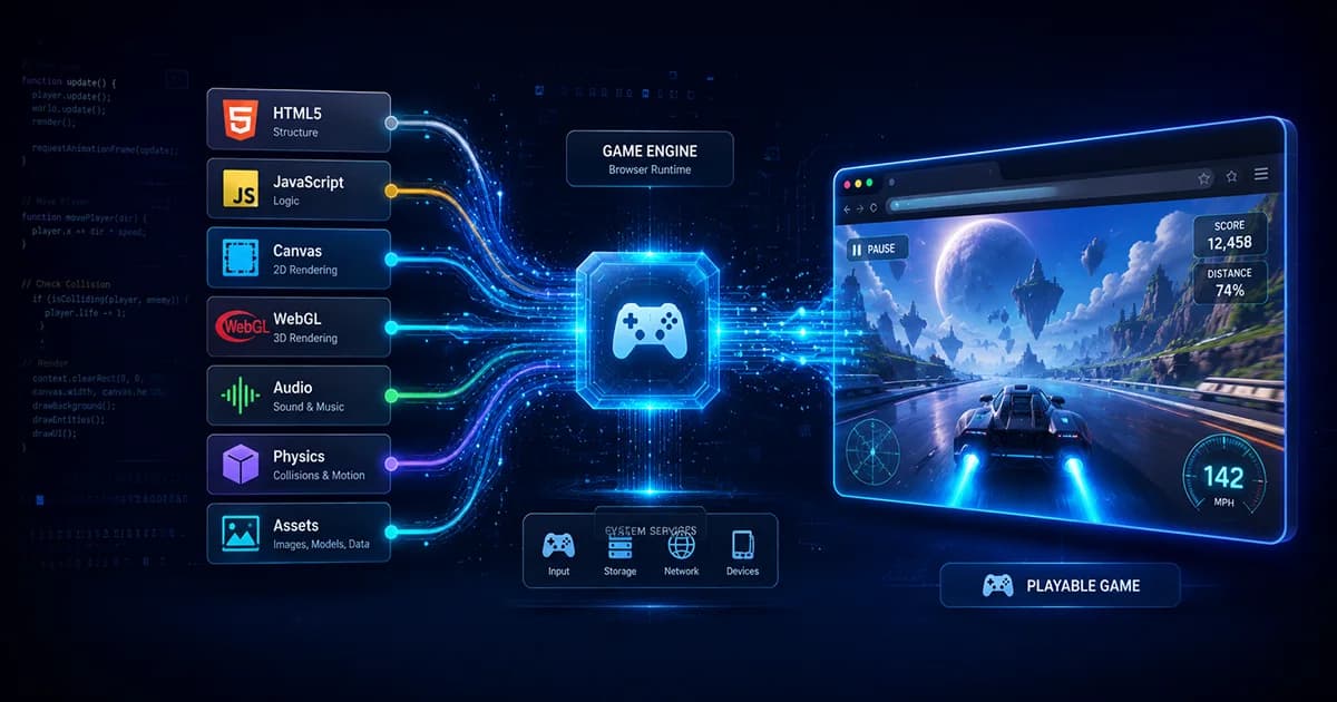 Illustration of an HTML5 browser game divided into connected technical layers including the browser, JavaScript, Canvas and WebGL rendering, audio, input handling, storage, and networking working together.