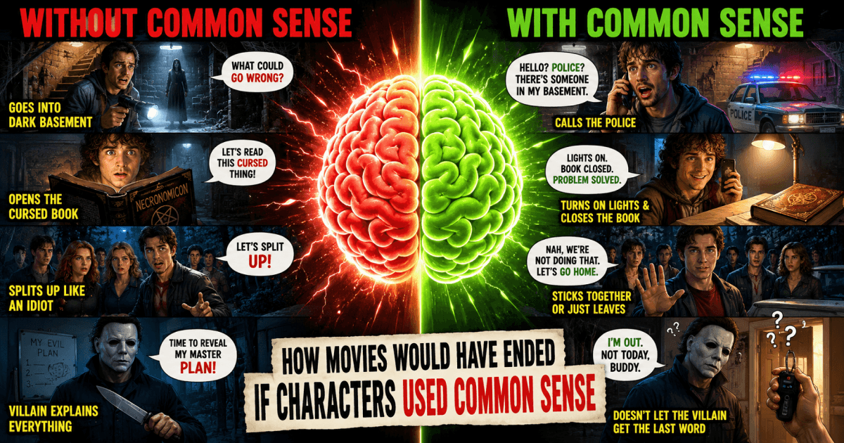 Funny illustration of movie characters solving problems instantly with common sense
