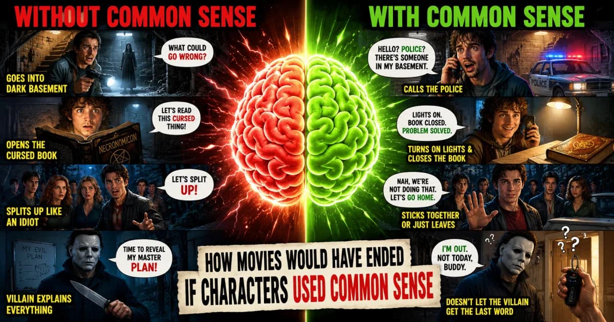 Funny illustration of movie characters solving problems instantly with common sense