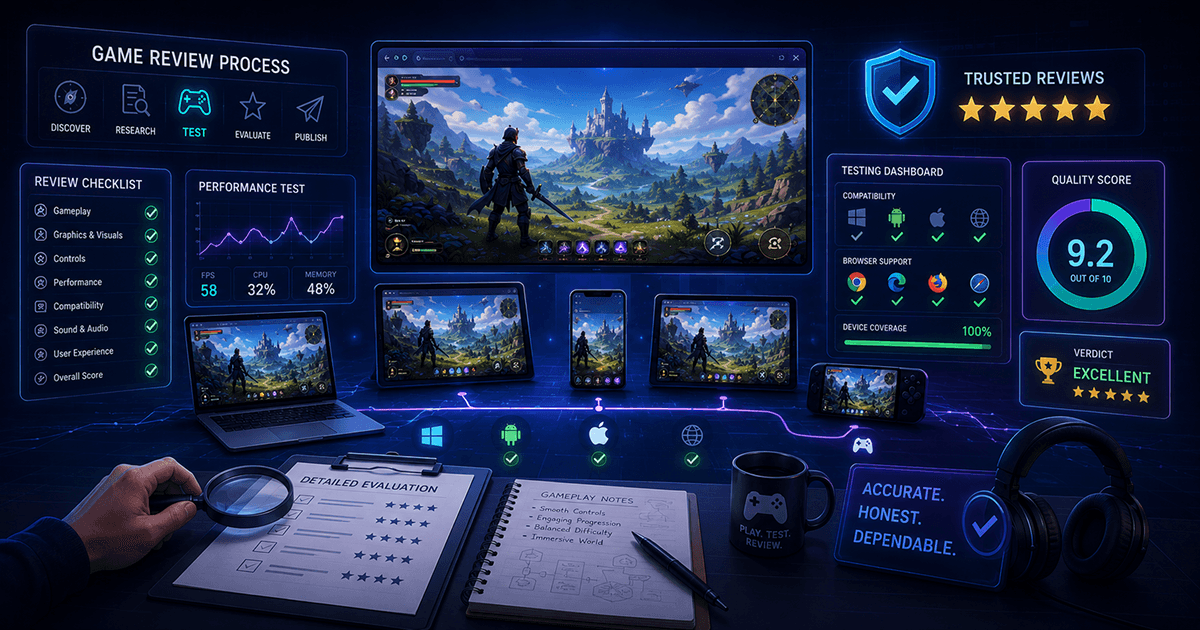 Illustration showing a browser game moving through launch testing, control checks, gameplay evaluation, browser compatibility observations, note-taking, and final editorial review.
