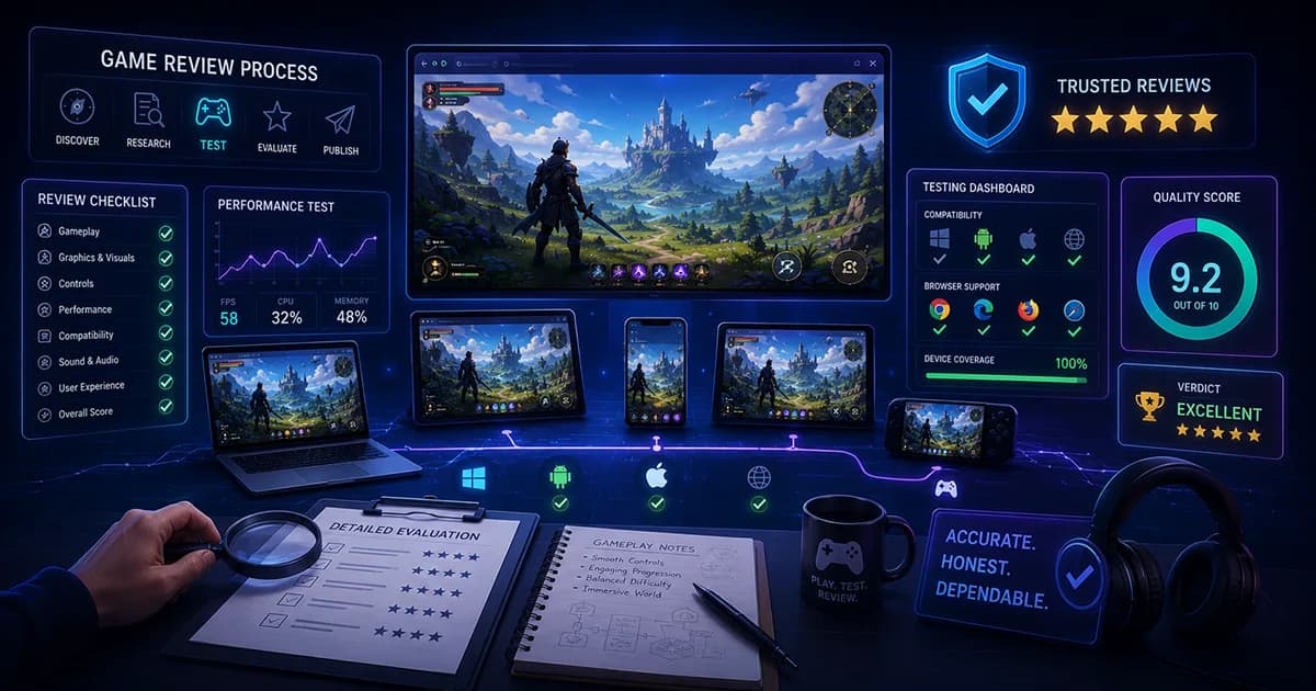 Illustration showing a browser game moving through launch testing, control checks, gameplay evaluation, browser compatibility observations, note-taking, and final editorial review.