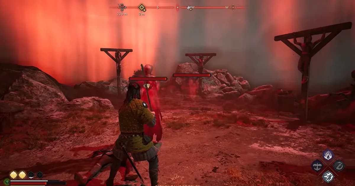 A warrior fights a glowing enemy inside a blood-red battlefield surrounded by wooden execution posts.